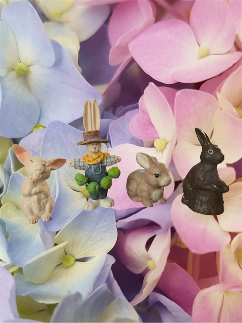 Easter Bunny Figurine Set - Pink, Brown, Black, Cream